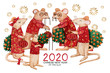 Watercolor Chinese New Year 2020 greeting card with rat family. Hand-drawn rats in red suits and with lanterns in their hands. Tangerine trees with red envelopes and a firework in the background