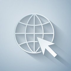Paper cut Go To Web icon isolated on grey background. Globe and cursor. Website pictogram. World wide web symbol. Paper art style. Vector Illustration
