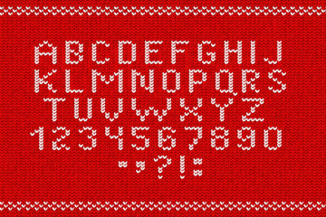 Vector realistic isolated knitted alphabet font for template decoration and invitation covering on the red sweater background. Concept of Merry Christmas, Ugly Sweater Party and Happy New Year.