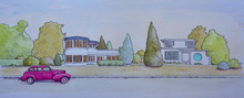Ink And Watercolour Painting Of 2 Art Deco Style Houses And Studebaker Car.