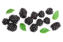 Fresh Blackberry With Leaves Isolated On White Background. Top View. Flat Lay Pattern