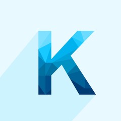 Wall Mural - blue vector polygon letter k with long shadow. abstract low poly illustration of flat design.