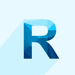 Wall Mural - blue vector polygon letter r with long shadow. abstract low poly illustration of flat design.