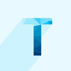 Wall Mural - blue vector polygon letter t with long shadow. abstract low poly illustration of flat design.