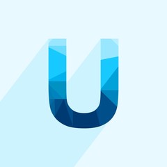 Wall Mural - blue vector polygon letter u with long shadow. abstract low poly illustration of flat design.