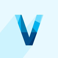 Wall Mural - blue vector polygon letter v with long shadow. abstract low poly illustration of flat design.