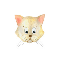 Watercolor illustration of cat face. Hand-drawn with watercolors and suitable for all types of design