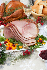 Wall Mural - Christmas Roasted Ham and Smoked Turkey