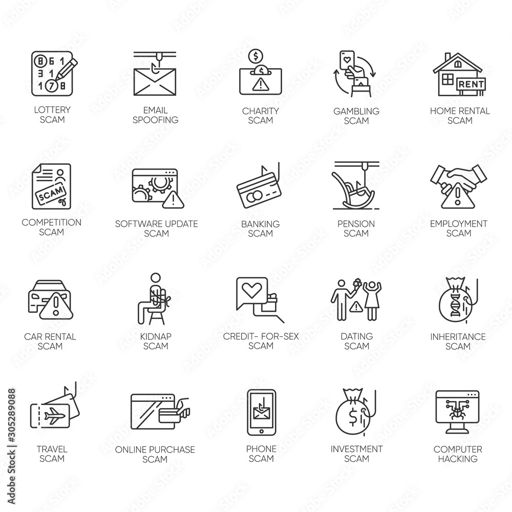 Scam Typography Scam types linear icons set. Malware. Investment, rental schemes ...