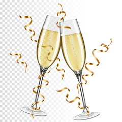 Wall Mural - Two glasses of champagne with ribbon, isolated on transparent background.