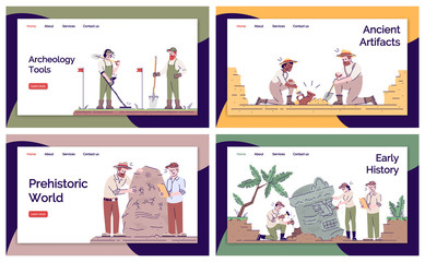 Wall Mural - Archeology landing page vector template set. Archeological expedition website interface idea with flat illustrations. Historical researching homepage layout. Web banner, webpage cartoon concept