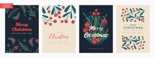 Set Of Christmas And Happy New Year Floral Card Templates. Trendy Retro Style. Vector Design Element.