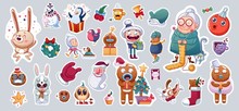 Set Of Merry Christmas And Happy New Year Stickers Or Magnets. Festive Souvenirs.