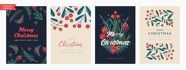 Sticker - Set of Christmas and Happy New Year Floral Card templates. Trendy retro style. Vector design element.