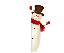 Happy Smiling Snowman Standing Behind A Blank Sign Showing On Big Blank Sign. Vector Illustration.