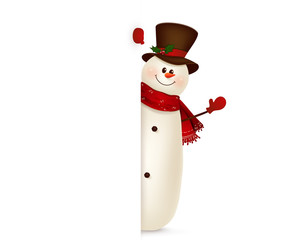 Happy smiling snowman standing behind a blank sign showing on big blank sign. vector illustration.