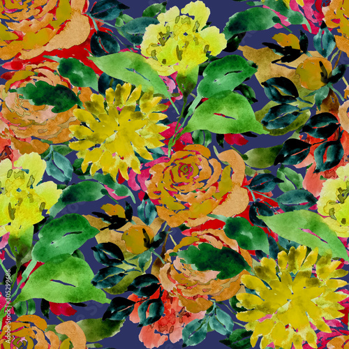 Watercolor seamless pattern with hand drawn flower. Vintage floral print. Bot...