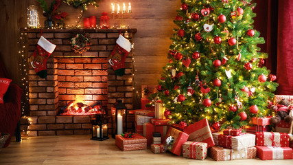 Wall Mural - interior christmas. magic glowing tree, fireplace, gifts in dark .