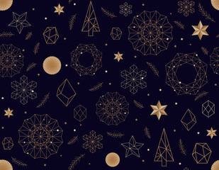 Abstract New Year pattern. Golden christmas snowflake on dark blue background. Seamless ornament for decor, wallpaper, gift paper and design of New Year's souvenirs