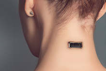 Usb Charging Port In Woman's Neck, Cyborg Woman Concept.