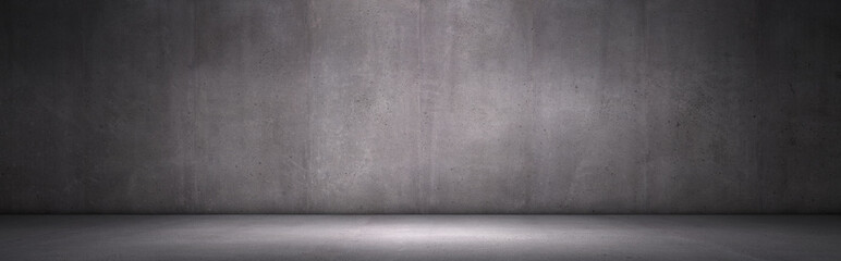 Wall Mural - exposed concrete wall dark panoramic background with floor for placement and presentation