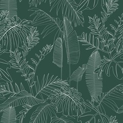 Wall Mural - Elegant seamless pattern with green hand drawn line tropical leaves and flowers. Floral pattern. Vintage green background.