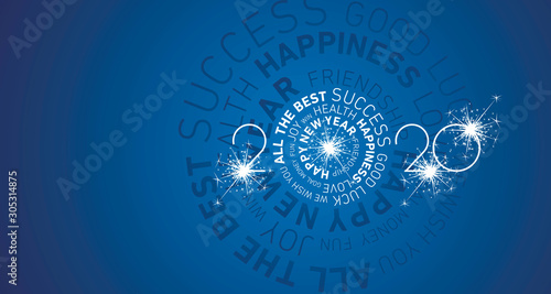 Cuadros en Lienzo Happy New Year 2020 modern circle word cloud text with sparkle firework white bl