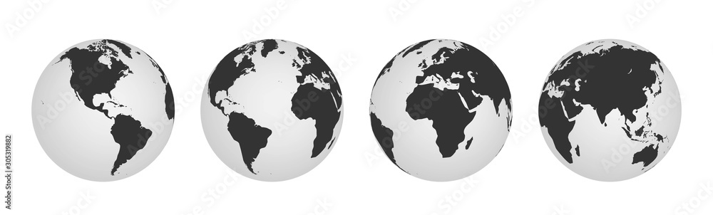 Earth globe icons. earth hemispheres with continents. world map set. - obrazy, fototapety, plakaty 