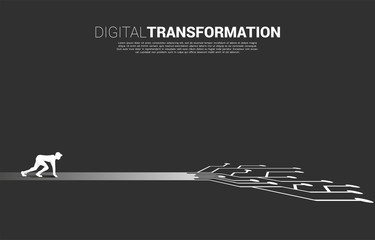 Poster - Silhouette of businessman ready to run on road with dot connect line circuit. concept of digital transformation of business.
