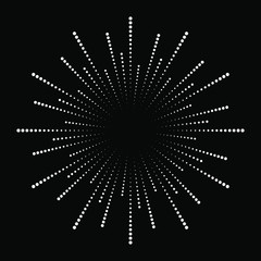 Abstract white radial dotted lines in circle form. Explosion shape. Black background. Fireworks. Sunburst. Design element for logo, sign, symbol, prints, web, template and textile pattern