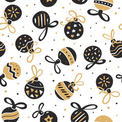 Wall Mural - Seamless pattern of Christmas balls in black-gold style. Unique holiday packaging design