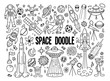 Hand drawn doodles cartoon set of space objects and symbols. Doodle objects on white background. Vector illustration.