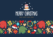 Christmas and New Year banner, greeting card with hand drawn decorative elements on dark blue background.