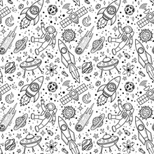 Vector Doodle Space Seamless Pattern On White Background.