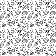 Wall Mural - vector doodle space seamless pattern on white background.