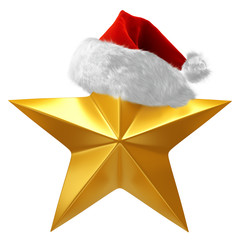 Wall Mural - shiny gold star for quality rating or ranking, topped with red and white christmas santa hat - 3d re