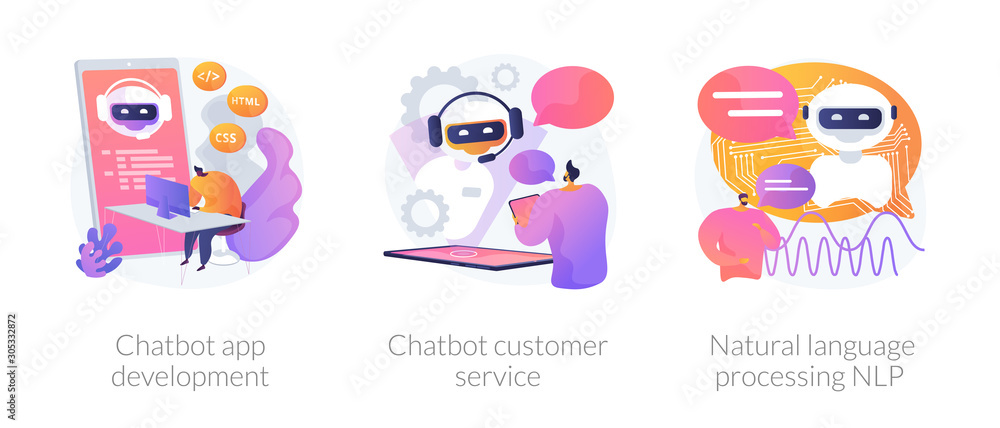 Chatbot icons set metaphors. Information engineering, artificial intelligence, chatbot app development. Customer service and language processing NLP. Vector isolated concept metaphor illustrations - obrazy, fototapety, plakaty 