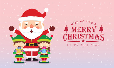 Wall Mural - Cute cartoon santa claus & christmas elves holding gifts on snowy gradient background. Christmas character flat design. Xmas greetings illustration.