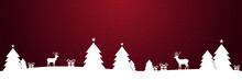 Christmas Winter Snow Landscape Silhouette With Christmas Trees And Reindeers On Red Stars Background
