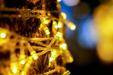 Wall Mural - Closeup of Christmas lights and refection lighting on the tree with colorful blurred and bokeh and black background.
