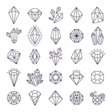 Doodle Hand Drawn Gems. Line Art Gem Stones Vector Isolated Set, Black Crystals Modern Illustration