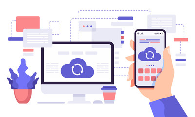 cloud synchronization. computer and phone cloud services, network computing technology users network