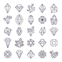 doodle hand drawn gems. line art gem stones vector isolated set, black crystals modern illustration