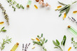 Apothecary of natural wellness and self-care. Herbs and medicine on white background top view frame copy space