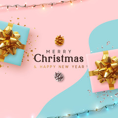 Wall Mural - Merry Christmas and Happy New Year. Xmas background with realistic pink and blue gift boxes, festive bright light garland, Holiday banner, poster, greeting card. Advertising flyer brochure. soft color