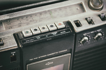 Wall Mural - Close-up playback control buttons on audio cassette player.- Old radio receiver. retro technology 1980s. 