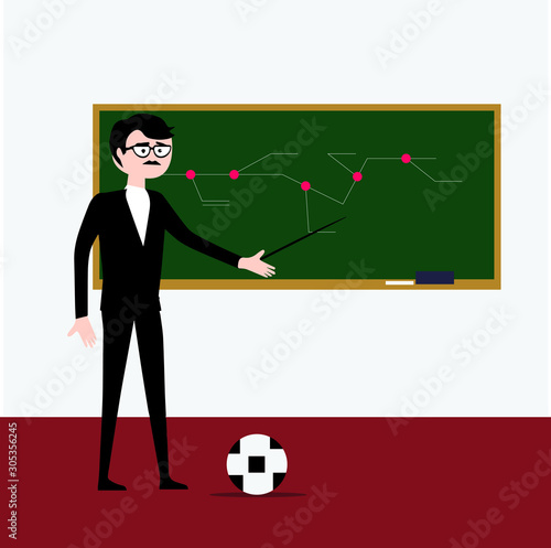 Soccer Coach Man Drawing Game Plan On Chalk Board Playbook