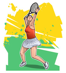 Wall Mural - Vector illustration of a female tennis player. Tennis themed sport poster on abstract background