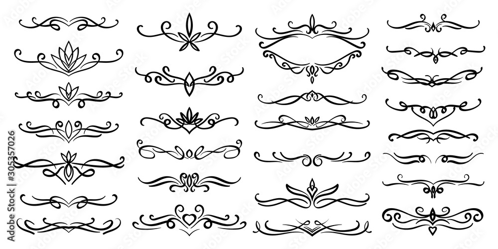 Ornamental curls, swirls divider and filigree ornaments vector design collection for wedding and calligraphy decoration.gree ornaments vector illustration set - obrazy, fototapety, plakaty 