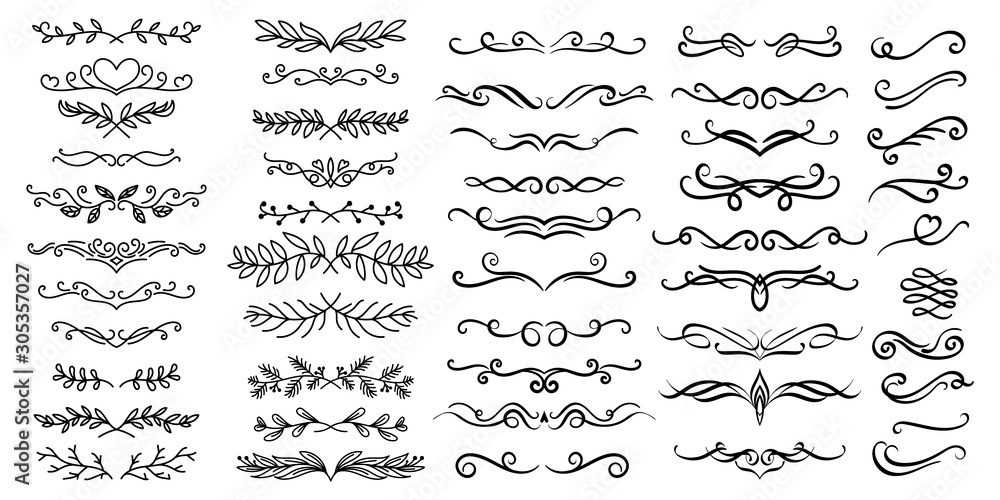 Ornamental curls, swirls divider and filigree ornaments vector design collection for wedding and calligraphy decoration.gree ornaments vector illustration set - obrazy, fototapety, plakaty 